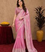 Baby pink soft shimmer chiffon embroidery work saree with unstitched blouse piece