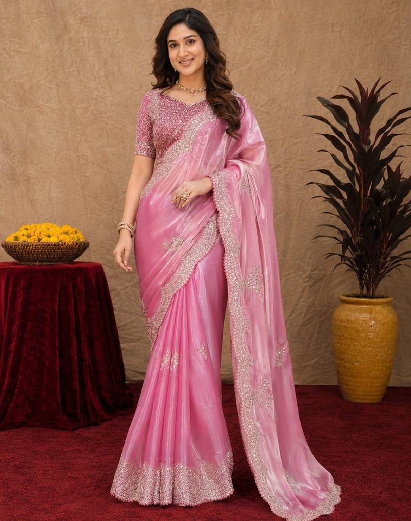 Baby pink soft shimmer chiffon embroidery work saree with unstitched blouse piece