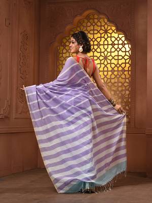 Violet and mint green cotton handwoven half n half saree with stripe pattern 3