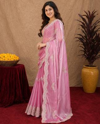 Baby pink soft shimmer chiffon embroidery work saree with unstitched blouse piece 2