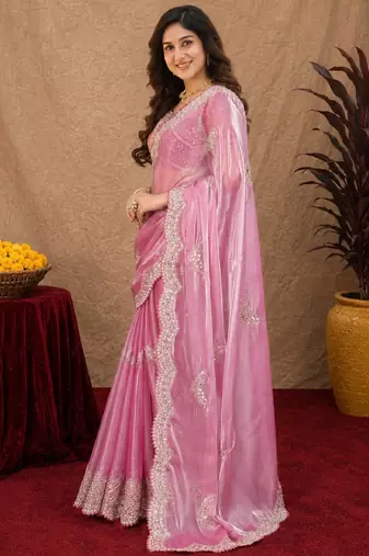 Baby pink soft shimmer chiffon embroidery work saree with unstitched blouse piece