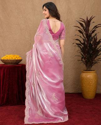 Baby pink soft shimmer chiffon embroidery work saree with unstitched blouse piece 3