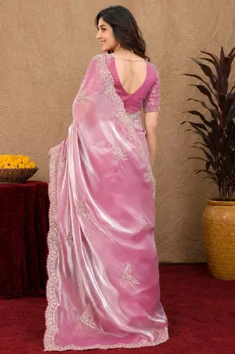 Baby pink soft shimmer chiffon embroidery work saree with unstitched blouse piece