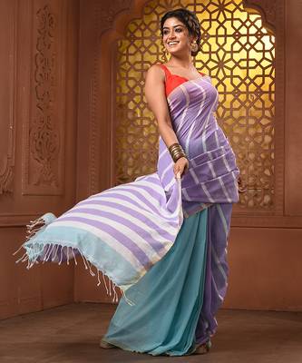 Violet and mint green cotton handwoven half n half saree with stripe pattern 5