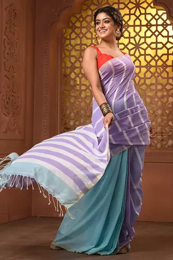 Violet and mint green cotton handwoven half n half saree with stripe pattern