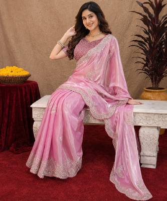 Baby pink soft shimmer chiffon embroidery work saree with unstitched blouse piece 4