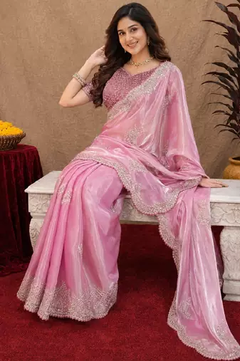Baby pink soft shimmer chiffon embroidery work saree with unstitched blouse piece