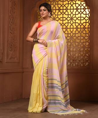 Yellow and pink cotton handwoven half n half saree with stripe pattern 1