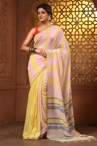 Yellow and pink cotton handwoven half n half saree with stripe pattern