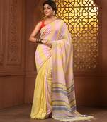 Yellow and pink cotton handwoven half n half saree with stripe pattern