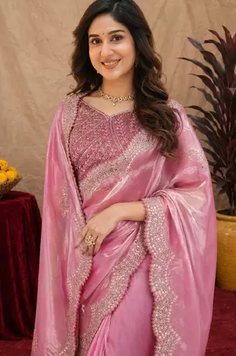 Baby pink soft shimmer chiffon embroidery work saree with unstitched blouse piece