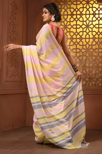Yellow and pink cotton handwoven half n half saree with stripe pattern