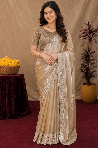 Beige soft shimmer chiffon embroidery work saree with unstitched blouse piece