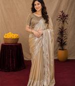 Beige soft shimmer chiffon embroidery work saree with unstitched blouse piece