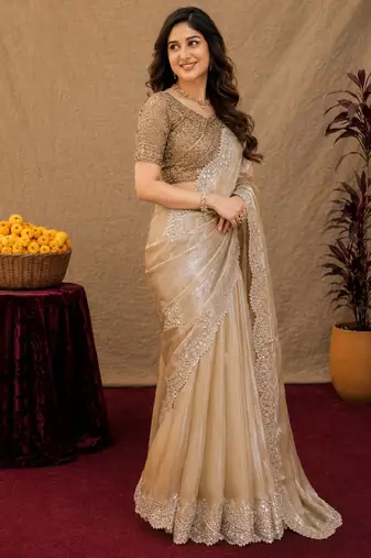 Beige soft shimmer chiffon embroidery work saree with unstitched blouse piece