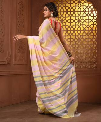 Yellow and pink cotton handwoven half n half saree with stripe pattern 3
