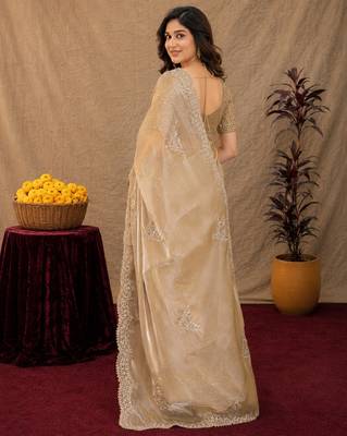 Beige soft shimmer chiffon embroidery work saree with unstitched blouse piece 3