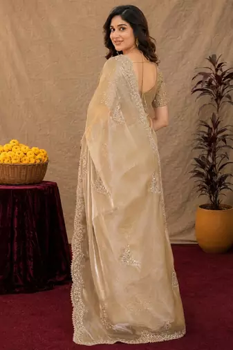 Beige soft shimmer chiffon embroidery work saree with unstitched blouse piece