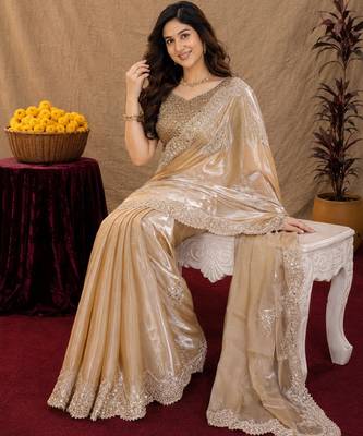Beige soft shimmer chiffon embroidery work saree with unstitched blouse piece 4