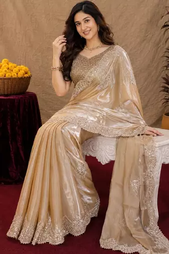 Beige soft shimmer chiffon embroidery work saree with unstitched blouse piece