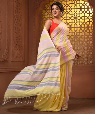 Yellow and pink cotton handwoven half n half saree with stripe pattern 5