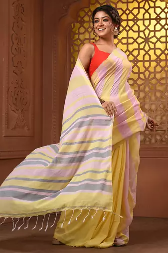 Yellow and pink cotton handwoven half n half saree with stripe pattern