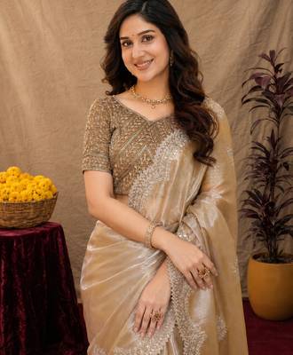 Beige soft shimmer chiffon embroidery work saree with unstitched blouse piece 5