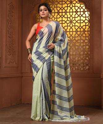 Tea green and grey cotton handwoven half n half saree with stripe pattern 1
