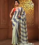 Tea green and grey cotton handwoven half n half saree with stripe pattern