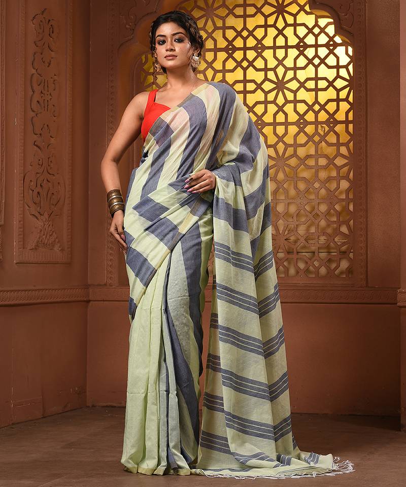 Tea green and grey cotton handwoven half n half saree with stripe pattern