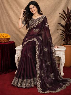Wine soft shimmer chiffon embroidery work saree with unstitched blouse piece 1