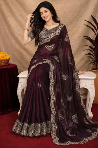 Wine soft shimmer chiffon embroidery work saree with unstitched blouse piece