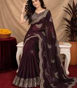 Wine soft shimmer chiffon embroidery work saree with unstitched blouse piece