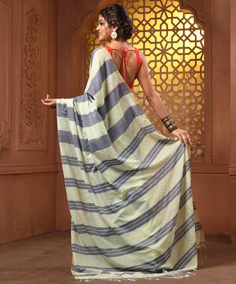Tea green and grey cotton handwoven half n half saree with stripe pattern 2