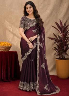 Wine soft shimmer chiffon embroidery work saree with unstitched blouse piece 2