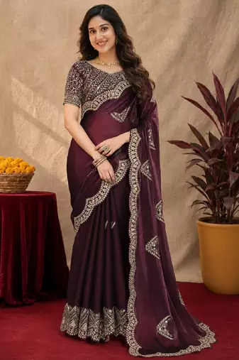 Wine soft shimmer chiffon embroidery work saree with unstitched blouse piece
