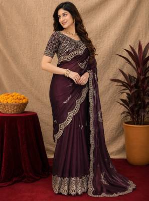 Wine soft shimmer chiffon embroidery work saree with unstitched blouse piece 3
