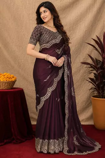 Wine soft shimmer chiffon embroidery work saree with unstitched blouse piece
