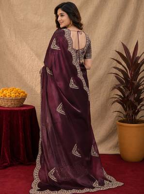 Wine soft shimmer chiffon embroidery work saree with unstitched blouse piece 4