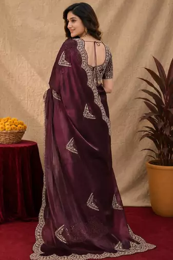 Wine soft shimmer chiffon embroidery work saree with unstitched blouse piece