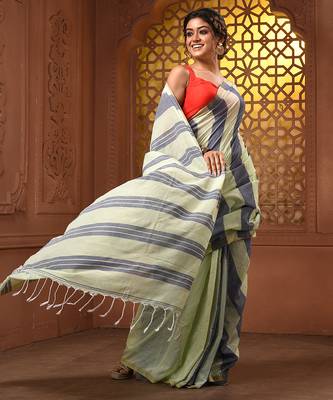 Tea green and grey cotton handwoven half n half saree with stripe pattern 5