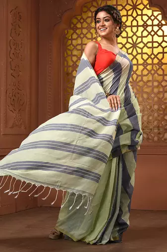 Tea green and grey cotton handwoven half n half saree with stripe pattern