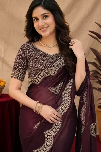 Wine soft shimmer chiffon embroidery work saree with unstitched blouse piece