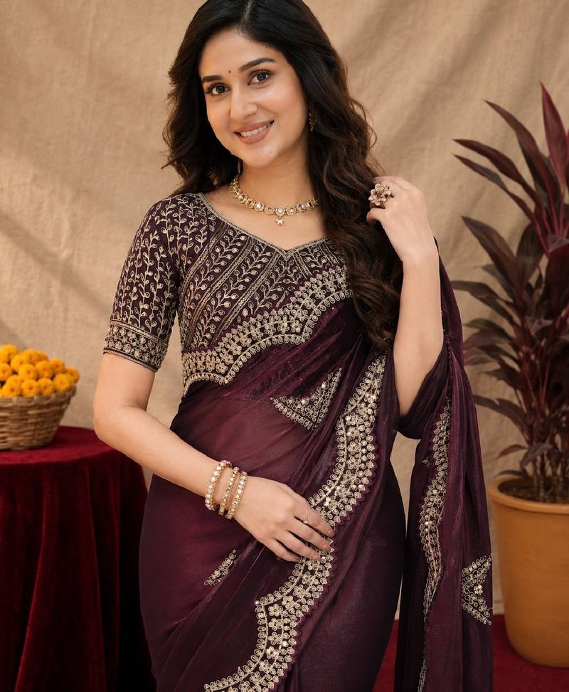 Wine soft shimmer chiffon embroidery work saree with unstitched blouse piece