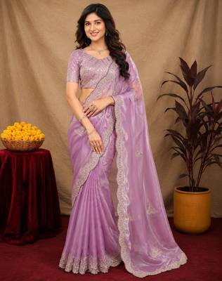 Lavender soft shimmer chiffon embroidery work saree with unstitched blouse piece 1
