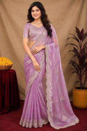 Lavender soft shimmer chiffon embroidery work saree with unstitched blouse piece