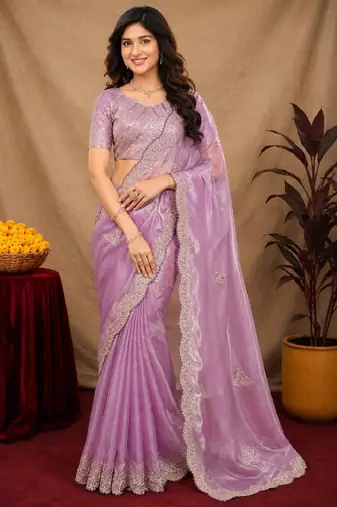 Lavender soft shimmer chiffon embroidery work saree with unstitched blouse piece