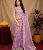 Lavender soft shimmer chiffon embroidery work saree with unstitched blouse piece