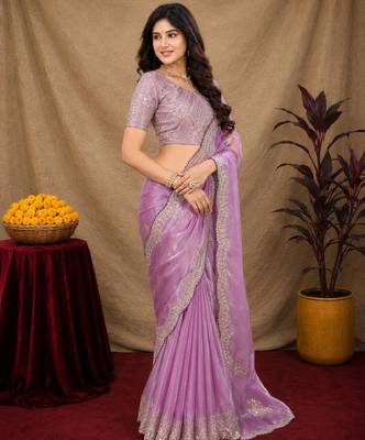 Lavender soft shimmer chiffon embroidery work saree with unstitched blouse piece 2