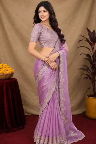 Lavender soft shimmer chiffon embroidery work saree with unstitched blouse piece